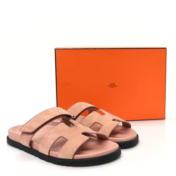 Hermes Suede Goatskin Womens Chypre Sandals Nude