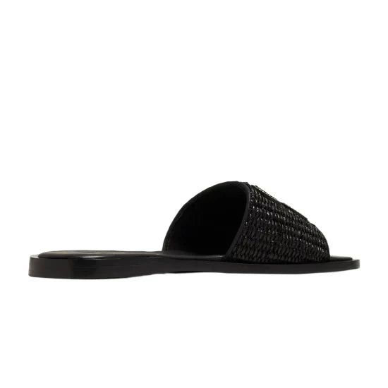 Miu Miu Raffia Logo Flat Slide Sandals black