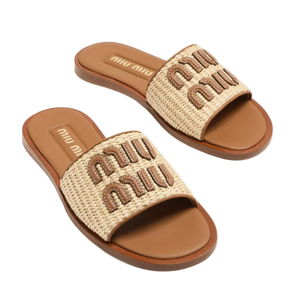 Miu Miu Raffia Logo Flat Slide Sandals beige