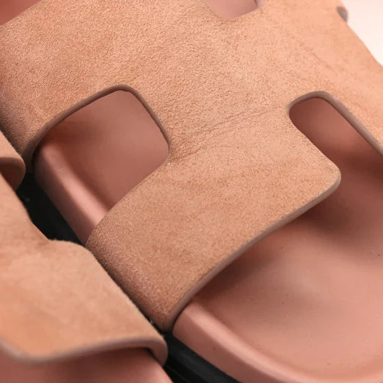 Hermes Suede Goatskin Womens Chypre Sandals Nude