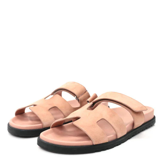 Hermes Suede Goatskin Womens Chypre Sandals Nude