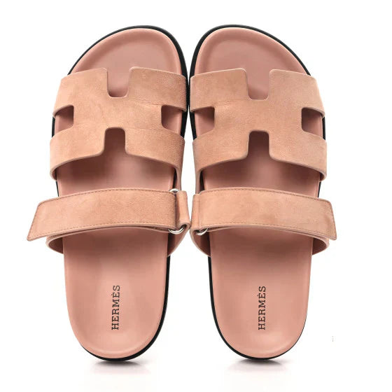 Hermes Suede Goatskin Womens Chypre Sandals Nude